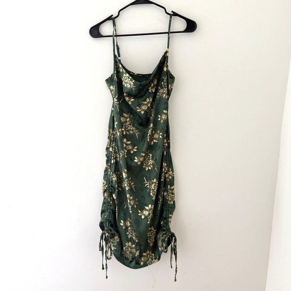SHEIN Dresses & Skirts - Y2K Green Gold Floral Satin Slip Dress XS Cowl Neck Ruched Fairy Grunge Mini